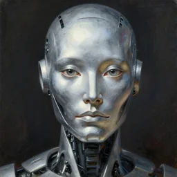 portrait of a sliver futurisic robot, detailed face, detailed painting, epic lighting, by ilya repin, phil hale and kent williams