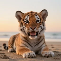 a closeup photorealistic photograph of a cute smiling tiger bichon puppy laying out at the beach during sunset. professional capture, well lit shot. this 4 k hd image is trending on artstation, featured on behance, well - rendered, extra crisp, features intricate detail, epic composition and the style of unreal engine.