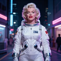 marilyn monroe dressed like a space traveler in neo tokyo, night, glowing lights, neon lights, vintage signage, cyberpunk, concept art, promotional design, highly detailed, 8 k, by yoichi kotabe