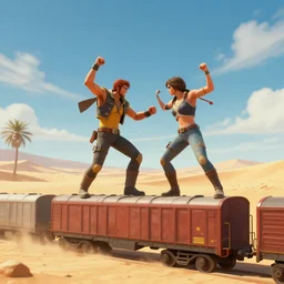 a triumphant fight! a video game fight in the desert on top of train cars. trending on art station, 8 k resolution.