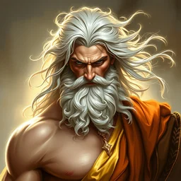 painted portrait of ruggedly handsome zeus greek god by artgerm greg rutkowski alphonse mucha flowing white hair streaks of gold body paint muscular physique masculine manly mature robe fantasy intricate elegant detailed digital painting concept art artstation sharp focus illustration gold paint