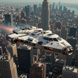 a spaceship designed by peter schreyer flying over NYC in style of blade runner 2049