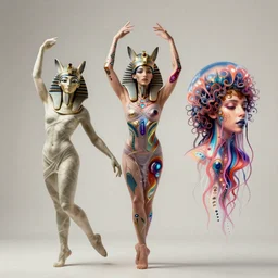 Vass Roland cover art body art electronic ballerina arms up hand holistic animal god egyptian thot head behind head pose future bass girl unwrapped dress smooth body unfolds statue bust curls of hair petite lush front and side view body photography model full body curly jellyfish lips art contrast vibrant futuristic fabric skin jellyfish material metal veins style of Jonathan Zawada, Thisset colours simple background objective