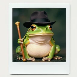 A photo of a frog with a hat, he looks very sophisticated, he has a walking stick, polaroid photo