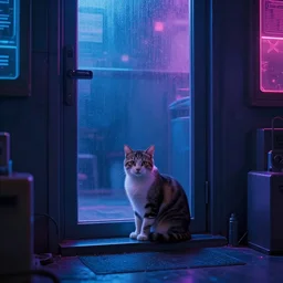 A cyberpunk shed with a cat sitting by the door