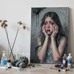 dripping black and grey paint, splashed paint, sensual, broken scientific glassware, dead houseplants, a sad portrait in a female art student's apartment, surgical supplies, grey vegetables, depression, crying, woman holding a brain from inside a painting, berries, octopus, incense, bottles covered in wax, neo - expressionism, surrealism, acrylic and spray paint and oilstick on canvas