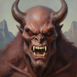 close up portrait of a monster in the mountains of hell, sharp teeth, oil painting by tomasz jedruszek, cinematic lighting, pen and ink, intricate line, hd, 4 k, million of likes, trending on artstation