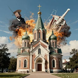 exploding church, surrealistic collage art