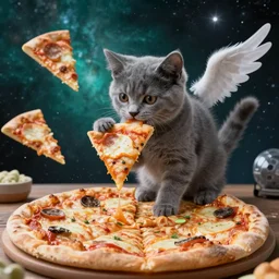 A grey kitten standing on a pizza in outer space. The kitten is eating a piece of pizza. Pizza slices flying with angel wings in background, dark cyan galaxy and stars in background, 4K photoshopped image, look at that detail
