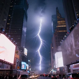 realistic photo of ball lightning in the middle of times square at night, detailed, cinematic, fog