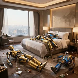 luxury futuristic hotel room with a messy seating area, 3 shiny golden and blue metallic steampunk robots sleeping on bed and floor, messy room with empty bottles all over the floor, realistic, pressphoto, dawn light, insanely detailed, 3 5 mm lens, wide shot