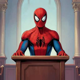 spider-man giving speaking behind a pulpit in a Baptist church, comic book art