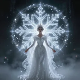a beautiful white queen with a giant snowflake as magic portal in the background, bokeh, glowing light orbs, intricate concept art, illuminated lines, outrun, vaporware, dark background, cyberpunk darksynth, ethereal, ominous, misty, 8 k, rendered in octane, by ruan jia and jeremy mann and alphonse mucha
