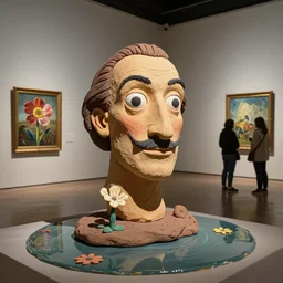plasticine sculpture stop motion. salvador dali clay models. visitors. gallery paintings of flower. water on floor. visitors. room with a small hole in wall. john craxton. high detail. photorealistic