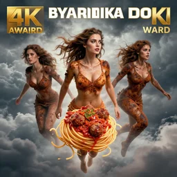 3 0 perfect woman bodies flying inside spaghetti bolognesa with meatballs and hundred rusted perfect woman bodies flying in stormy clouds by, fantasy art, photo realistic, dynamic lighting, artstation, poster, volumetric lighting, very detailed faces, 4 k, award winning, hyper - realism