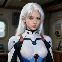 intense demeanor. close portrait. ship interior bg. screenshot of a scene in metroid zero of pretty beautiful woman painted by norman rockwell. character designed by hideaki anno. bodysuit. lustrous white colored hair. digital. lighting by james gurney. trending on artstation. masterpiece. artgerm mucha rutkowski.