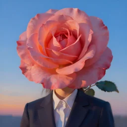 closeup, giant rose flower as a head, frontal, girl in a suit, surreal photography, sunrise, blue sky, dramatic light, impressionist painting, digital painting, artstation, simon stalenhag