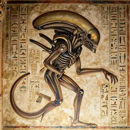 [ xenomorph ] [ giger ] [ alien ] from movie aliens painted on highly intricate ancient egyptian mural art, with many hieroglyphs