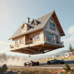 Alexander Jansson Style, flying house Modernist, in a race competition, realistic, Many Details, Ultra Detailed, Octane Render, Real Engine 5 Cinematic, Realistic, Intricate Detail, Finely Detailed, Small Details, Extra Detail, Extra Detail, Extra Detail, Extra Detail More details, tiny details, high resolution, 3D, PBR, path tracing, volumetric lighting, octane render, Arnold Render, 8k