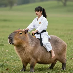 Karate woman riding a giant capybara