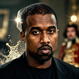 kanye west as muammar kadhafi as emperor napoleon, splash art, movie still, detailed face, cinematic lighting, dramatic, octane render, long lens, shallow depth of field, bokeh, anamorphic lens flare, 8 k, hyper detailed, 3 5 mm film grain