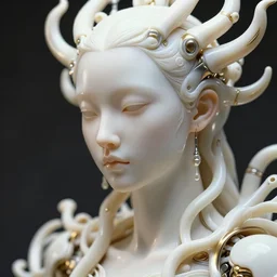 hyper detailed ultra sharp portrait of a beautiful well contoured porcelain ivory smooth fair subconscious god pseudopods, up close shot, sharp focus, global illumination, radiant light, biomechanical white silver gold rhizomorphs, cyberpunk brackets, alexandre ferra white mecha, irakli nadar, alexander mcqueen, octane highly render, 4 k, ultra hd,