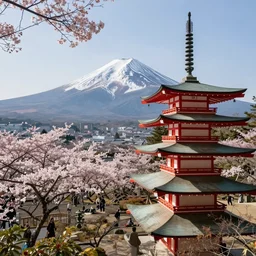 a Shinto temple surrounded by a Sakura garden, mount Fuji in the background, stunning japanese aesthetics, studio photography, highly detailed