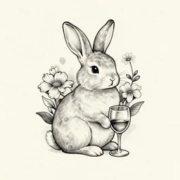 well - detailed tattoo stencil of a floral rabbit with a wine glass
