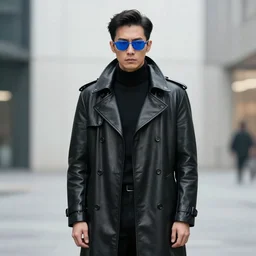 cyberpunk man with blue tiny sunglasses and black leather trenchcoat