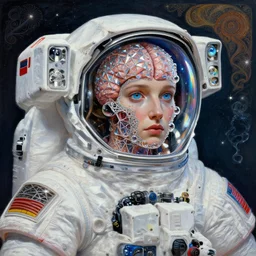 realistic extremely detailed  photo style portrait painting of a complete astronaut suit with exposed diamond 3d fractal lace iridescent bubble 3d skin clear brain , retro futuristic ,water , style hybrid mix of beeple,Anton Pieck,Jean Delville, Amano,Yves Tanguy, Alphonse Mucha, Ernst Haeckel, Edward Robert Hughes,Stanisław Szukalski , rich moody colors,diamond dust glitter and sparkles, holographic krypton ion,blue eyes,octane render,4k,f32