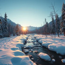 snowy landscape by a stream in the canadian mountains in the evening sun, iceicles, by philippe gare, artstation, greg rutkowski