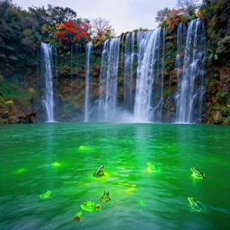 landscape photography, alien cosmic wall of waterfalls, high waterfalls and colors, colorful plants, giant beautiful radioactive green water lake filling the entire bottom of the photo, radioactive luminous substance, irradiated frogs, light reflections, cold lighting, morning hour, beautiful, kodachrome, 4 k, hd