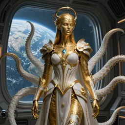 a portait of a 8k ultra realistic corrupted lovecraftian golden humanoid queen standing next to a spaceship window overlooking earth, 8 intricate white and gold tentacles, ornate white and gold armour, cinematic lighting, trending on artstation, 4k, hyperrealistic, focused, extreme details, unreal engine 5, cinematic, masterpiece