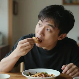 hungry 3 0 years old male eating his rising hand