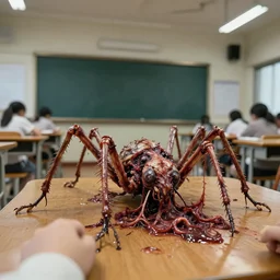 inside japanese classroom, at night, first person, hard flash, grotesque human crawling, tall insect legs, tendrils, veins, meat, wet