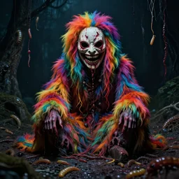 a portrait of a beautiful!!!! colorful flesh - eating!!!! yamazaku wearing a creepy mask and covered in rainbow fur, the ground is covered in maggots!!!!, schizophrenic hallucination, fear, morbid, nightmare, supernatural, 8 k, unreal engine, highly detailed, chiaroscuro, terrifying, trending on artstation