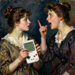 vintage beautiful painting of a woman playing Gameboy while being yelled at by another woman in Mary Cassatt style