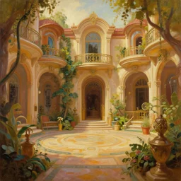 an oil painting by donato giancola, warm coloured, cinematic scifi luxurious futuristic biomechanical victorian garden courtyard with bulbous alien floral fungi, beeple, halo, star wars, ilm, star citizen, halo, mass effect, artstation