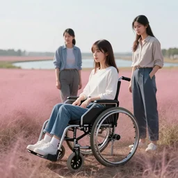 concept art by Neil Blevins, James Paick, Natasha  Tan Maciej Kuciara, highly detailed, ultra realistic  wheelchair user and anime girl  a clearing with pink grass and a river long-range plan cinematic lighting