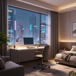 a room with a desk, sofa, bed, window witha view of a cyber city, ultrafine highly detailed, sharp focus, unreal engine highly rendered, global illumination, radiant light