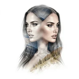realism tattoo sketch of double exposure megan fox blended with beautiful mountain scenery, in the style of andrey lukovnikov
