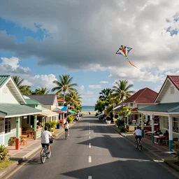 a quaint fijian island town, street, shops, restaurant, street - level view, bicycles, a fijian kite, view of ocean in the distance at end of street, vibrant colors, digital illustration, art by artgerm, trending on artstation, intricate, amazing detail, concept art, sharp focus, octane render, unreal engine, cinematic lighting