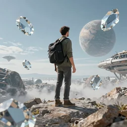 a dslr hd picture of man travelled to future planet by time travel, crystal sky obsjects moving around him, highly detailed