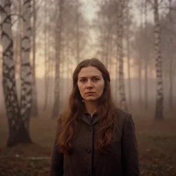 portrait of woman, solemn expression, faded color film, russian cinema, tarkovsky, kodachrome, heavy birch forest, long brown hair, old clothing, heavy fog, atmospheric haze, brown color palette, sunset, low light, dramatic lighting
