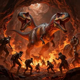 a dinosaur in a large magma cavern boss battle fantasy artwork epic detailed and intricate digital painting trending on artstation by wlop octane render