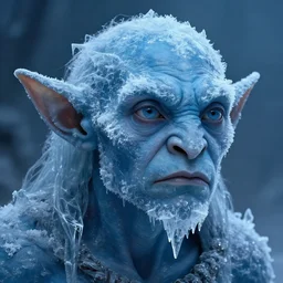 portrait of a frozen goblin creature, blue skin, covered in ice, detailed face, fantasy, highly detailed, cinematic lighting, digital art painting by greg rutkowski