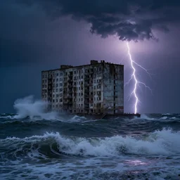 danila tkachenko, low key lighting, an abandoned soviet apartment building in the middle of the ocean, storm, lighning storm, crashing waves, dramatic lighting