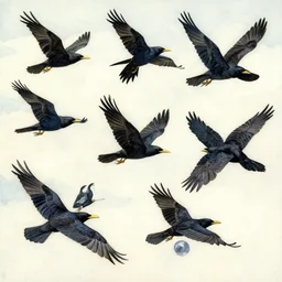 six ravens flying art by kay nielsen and walter crane, illustration style, watercolor