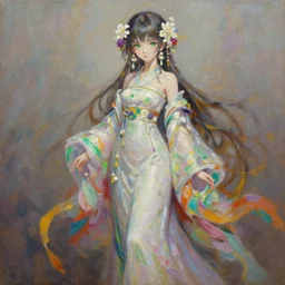masterpiece oil painting full body portrait shot, oil painting of an anime girl, beautiful modern elegantly dressed anime girl wearing ornaments of flowers, flowing colourful elegant clothes, highly detailed face, detailed green heterchromia eyes, alphonse white datura, popular on artstation!!, fkey. 8 k oil painting