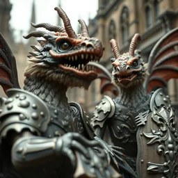 zoomed portrait of tin toy fuzzy kaiju moth dragons wearing armour in medieval london, nicoletta ceccoli, mark ryden, lostfish, hyung tae, frank frazetta, depth of field, detailed and intricate gothic environment, 8 k resolution, hyperrealistic, octane render